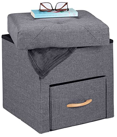 Relaxdays Sitzhocker mit Stauraum, Schublade, Fach, faltbar, gepolstert, Sitzwürfel Stoff, HxBxT 40,5 x 40 x 40 cm, grau