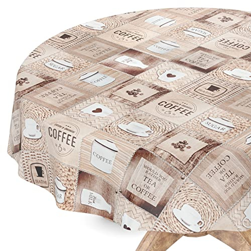 ANRO Tischdecke abwaschbar Wachstuch Wachstuchtischdecke Rund 140cm Schnittkante Kaffee Coffee pflegeleicht Wachstischdecke wasserabweisend Gartentischdecke Meterware Lotuseffekt