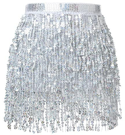Soudittur Quasten Paillettenrock Damen Glitzer Rock Damen Steampunk Quastenrock Bauchtanz Hüftschal Karneval Fransen Rave Outfit Kostüm Silber
