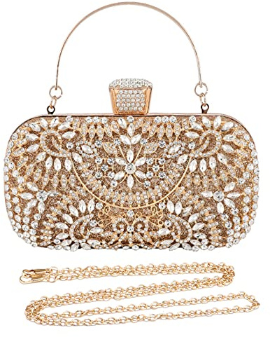 CORIOS Abendtasche Damen Diamant Clutch Bag Kette Shiny Strass Handtasche Klein Tasche Schultertasche Elegante Umhängetasche für Hochzeit Abschlussball Bankett-Party Gold