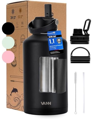 VANN Trinkflasche 2L mit Strohhalm - 3fach isoliert [24h kalt 12h warm] | Thermosflasche für Fitnessstudio, Sport - Trinkflasche Edelstahl [BPA-Frei] - Wasserflasche inkl.5 Zubehörteile - UB Schwarz