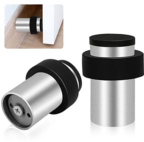 TOKPLNU Lot de 2 butées de porte argentées de 50 mm en acier inoxydable robuste pour plinthes, butées de porte d'extérieur modernes avec embout en caoutchouc et anneau