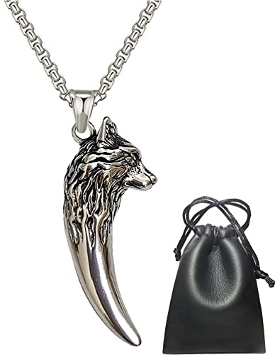 Collar Vikingo con Colgante de Cabeza Lobo Celta, Joyería de Acero Inoxidable con Diente Lobo Odín, Regalo de Amuleto Punk Vintage Nórdico, Cadena de 60 Cm para Hombres y Mujeres