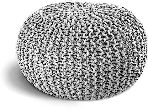 ELYFLAIR® handgefertigter Strickhocker Sitzhocker Ø 55cm I Sitzpouf Sitzpuff Bodenkissen Sessel Kissen Sitzkissen Sitzsack - mit eleganter Grobstrick-Optik - Dekoration Interieur (Weiß, Ø 55cm)