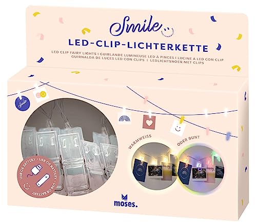 moses. Catena luminosa a clip a LED con due modalità di colore, luce bianca calda o colorata, 10 clip per appendere foto, carte e promemoria, funzionamento tramite cavo micro USB o batterie