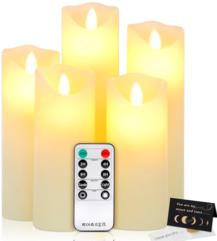 IGUGI LED Kerzen,Flammenlose Kerzen von 5,Batteriebetrieben Kerzen Flackern,Echtwachs-Stumpenkerzen mit Fernbedienung und 24-Stunden Timerfunktion für Outdoor Party Hochzeits Deko(Elfenbein)