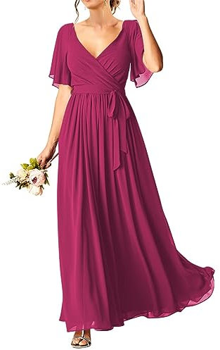 HPPEE Vestidos de fiesta de boda de manga corta para mujeres jóvenes de gasa largo maxi cuello en V vestidos de noche con bolsillos, fucsia, 36