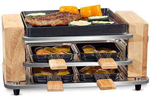 COKLAI Raclette Grill 4 Personen mit antihaftbeschichteter Gestreifte Grillplatte, mini Grill Raclette Gerät, Einstellbare Temperatur, 4 Pfännchen & Holzspatel, Naturholz raclette 4 personen, 550W