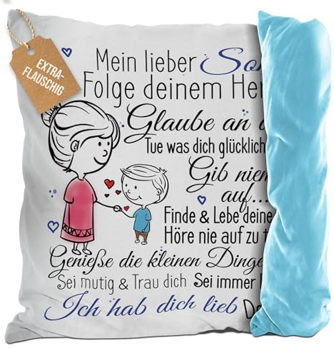 Print Royal PR Flauschiges Kissen mit Spruch inkl. Füllung - von Mama für den Sohn - Geschenke für Sohn von Mutter, Sohn Geschenk für Kinder, Kindergeschenke, Rückseite Hellblau, 40x40cm