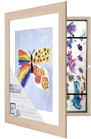MCS Kids Art Frame 11x14 Matted with 8.5x11 Opening, Natural Woodgrain Changeable Magnetic Picture Frame Kids Artwork Storage Display for Walls (1-Pack)