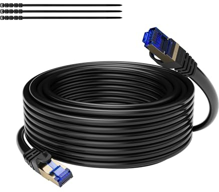 Mygatti 10 mètres CAT 7 Utilisation en extérieur Câble réseau Ethernet RJ45 à enfouissement direct,imperméabl,SSTP,Câble Ethernet 10 Gigabit,LAN et Patch,POE - Noir,avec 15 attaches de câble
