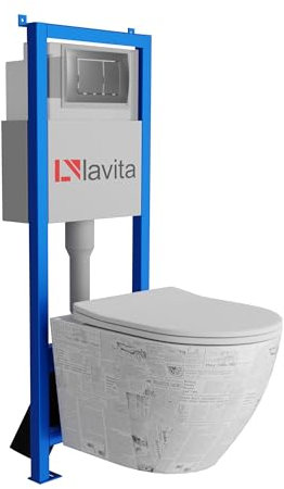 Lavita LAV 101 Vorwandelement für WC 40cm + Wand Hänge Tiefspül WC SOFI SLIM PAPER Weiß Spülrandlos + Bedienplatte LAV 200.1.3 Satin | Komplettset | Unterputz Spülkasten | Toilette Komplett Sett
