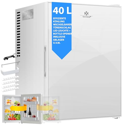KESSER® Minifrigo, Capacità minibar 40 litri, Silenzioso 22db, Camera da letto, Cerniera porta frontale in vetro, circa 4°-16°C Altezza 57cm, Illuminazione interna, Bianco