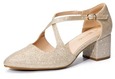 DREAM PAIRS Escarpins à talons épais pour femme - Bout pointu - Confortables - Sangle croisée - Talon bloc - Pour fête, danse, mariage, Paillettes dorées., 38.5 EU