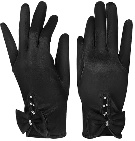 1 Paar Hochzeitshandschuhe Satin Braut Handschuhe Tee Party Handschuhe Abend Party Handschuhe Bowknot Handschuhe Kostüm Handschuhe, Schwarz , 23.00X8.50X0.30CM