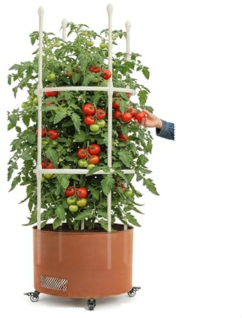 JonesHouseDeco Maceta Redonda Grande Naranja de Acero con Ruedas Bloqueables, 115cm Enrejado para Plantas Trepadoras con Cubierta Cálida Bandeja Interior Extraíble, Base Ventilada, Interior Exterior