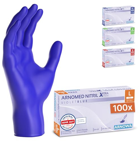 ARNOMED Gants nitrile taille L, gant bleu violet, 100 pièces/boîte, gants jetable sans accélérateur, non poudrés, sans latex, gants en caoutchouc hypoallergénique, gants en S, M, L, XL