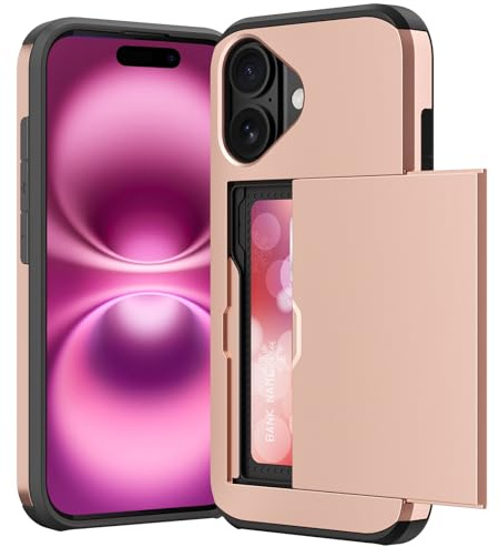ACOCOBUY for iPhone 16 Case with Card Holder Sliding Cover 6.1 Rose Gold | Hidden Pocket IDs Credit Cards Slot Heavy Duty Shockproof Protective Dual Layer Wallet Phone Cover Back Shell for Men Women