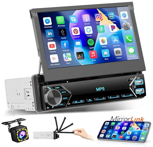 Hikity Autoradio 1Din mit Ausfahrbarem Bildschirm,7Zoll Manuell Einziehbarer Display 1 Din Radio mit Bluetooth Freisprecheinrichtung FM Type-C 2USB AUX Mirror Link SWC Rückfahrkamera