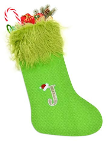 TOPWAYS Weihnachtsstrumpf, 50cm Grinch Weihnachtsstrumpf Gestrickt, Personalisierte Weihnachtsstrümpfe mit Buchstaben, Weihnachtsbaum Kamin Hängende Ornamente Geschenkhalter Weihnachtsdekorationen
