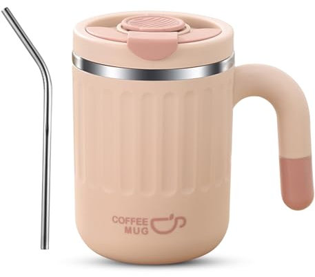 Kytpyi Termos Caffè, Tazza Termica, 480ml Bicchiere Termico a Prova di Perdite con Paglia Coperchio per Caffè Bevande, Thermos Caffe Acciaio Inossidabile Antiscottatura per Casa Ufficio (Rosa)