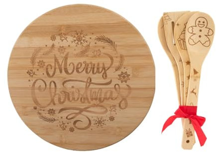 Christmas Chopping Board Set - 30cm Wooden Chopping/Serving/Charcuterie Board Plate for Pizza, Vegetables, Fruits and Cheese with Bamboo Cooking Utensils (Pack of 4) - Xmas Holiday Kitchen Gift