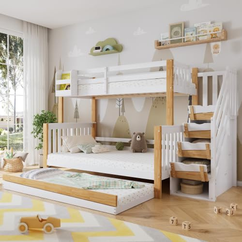 KUAKE Letto a castello 90 x 200 e 120 x 200 cm, con letto a rotelle, design speciale di rivestimento della porta, scala angolare, pino+MDF, bianco e naturale