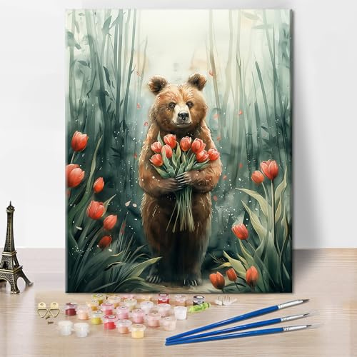 Nybörjare gör-det-själv digital målning, blommor brunbjörn måla efter siffror set med pensel och akrylfärger utan ram hem 40 x 50 cm
