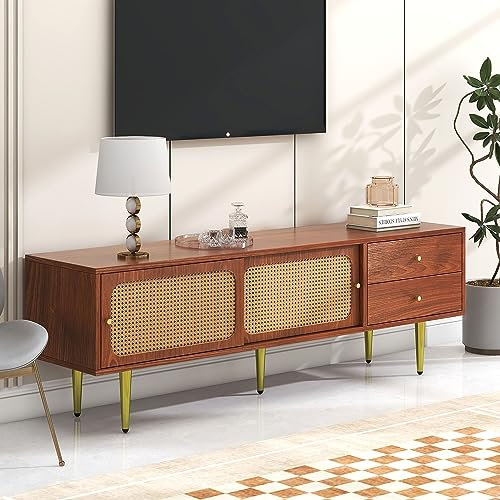Élégant meuble TV avec portes coulissantes en rotin et tiroirs pratiques, noyer avec rotin synthétique foncé, 2 tiroirs, 2 portes coulissantes en rotin, 4 compartiments de rangement, 160 x 40 x 60 cm.