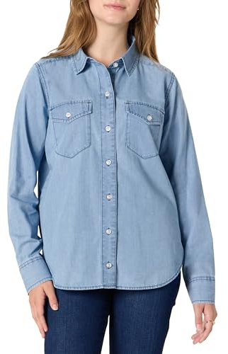 Amazon Essentials Damen Denim Chambray Button-Down-Langarmshirt mit lockerer Passform, Iced Blue Light Wash, Medium