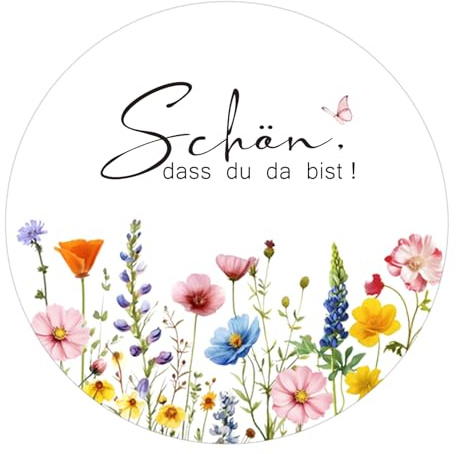 G2PLUS SCHÖN DASS DU DA BIST Geschenkaufkleber: 4cm Round Aufkleber | 120 Stück Wildblumen Geschenkaufkleber für Gastgeschenken, Hochzeitsgeschenke, Geburtstagsgeschenke