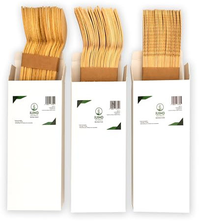 Ménagère jetable en bois de bambou 150 pièces pour fêtes, événements, pique-nique, camping – 17 cm de long – Robuste et solide – 100 % bambou – IUIND NATURALS