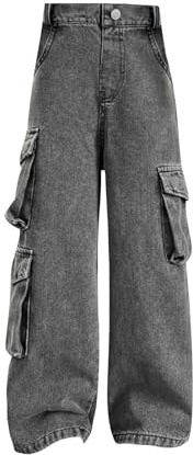 Mädchen Weite Bein Jeans Loose Fit Denim Vintage Hosen Lässige Weitem Bein Jeanshose Streetwear mit Taschen Elastische Dehnbund Designer-Löcher Jeans