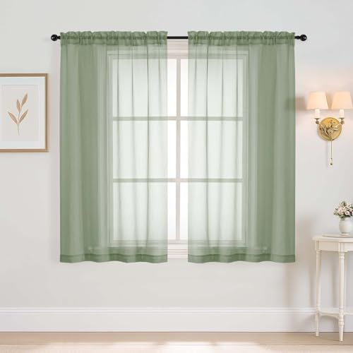 Ebesto Sage Green Window Sheer Curtains 45 Inches Length, Voile Short Curtains for Living Room Bedroom, Modern Soft Window Drapes 2 Panels Set, Top Dual Rod Pocket Design, 2x42Wx45L Inches