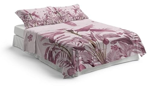 NARCISO - Lenzuola Matrimoniali 100% Cotone Stampate con Fantasie Originali Realizzate e Stampate in Italia con Inchiostro Sicuro per la Pelle, Completo Letto Matrimoniale 4 Pezzi (Palmas Cipria)