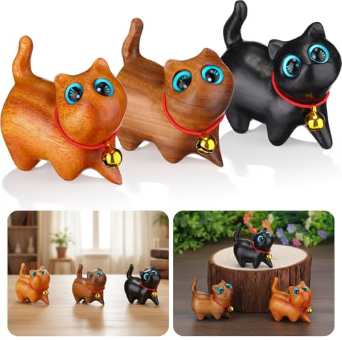 Leinuosen 3 Pcs Sandalwood Hand Carved Wood Cat Miniature Treasure Figurines Handmade Wood Statue Small Cute Wooden Crafts for Cat Lovers Home Office Table Decoration, 1.65 x 1.34 Inch