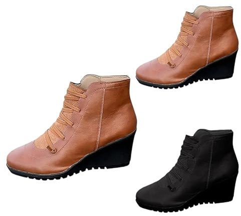 Bottes à lacets pour femme – Bottines compensées pour femme – Chaussures décontractées en similicuir avec fermeture éclair latérale et talon compensé bas