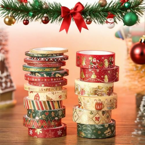 Cosiesnest 21 Rollen Weihnachts Washi Tape Set in verschiedenen Größen, Goldfolie, dekoratives rot-grünes Weihnachtsklebeband zum Verpacken von Geschenken, für DIY-Bastelarbeiten, Scrapbooking