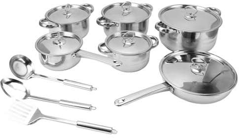 Lot batterie cuisine inox 13 pièces avec casseroles, poêles et marmites - Induction et vitrocéramique, poignées amovibles, cuisson polyvalente pour maison et chefs