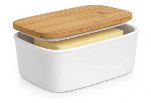 Palmzen Porcelain Butter Dish with Lid Ceramic 600g Capacity - 16x10.5x7 cm Removable Silicone Seal - White with Bamboo Lid - Butter Container