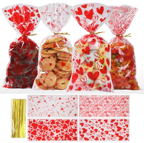 Bighan 100 Stück Valentinstag Cellophantüten, Süßigkeiten Tüten mit Twist Krawatten, Valentinstag Zellophantüten mit Liebe, Amors Pfeil, Kekstüten für Valen tinstag Schokolade Süßigkeiten Kekse Snacks