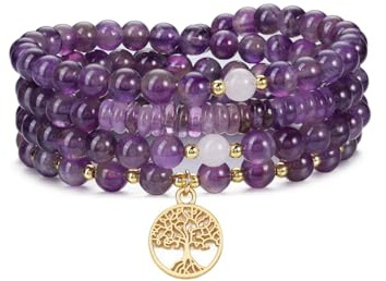 CrystalTears 108 Perlen Mala Kette Amethyst/Obsidian Wickelarmband mit Lebensbaum Anhänger Healing Reiki Yoga Gebetskette 6mm Edelstein Armband Damen