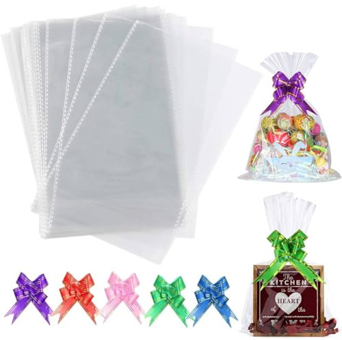 MtnLaur Sacchetti Trasparenti per Caramelle 15x25 cm, 50 Pezzi Sacchetto Trasparente per Regali con Fiocchi da Tirare, Piccola Confezione Regalo per Biscotti, Caramelle, Regali di Festa, Popcorn