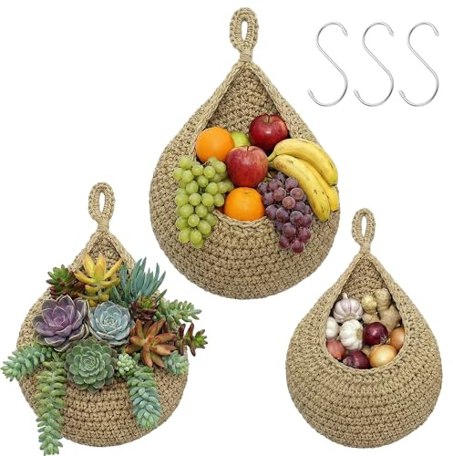 DAOOZHU Lot de 3 Paniers Suspendus Murale en Jute Tressé Main - Forme Goutte d’Eau pour Fruits, Légumes, Cuisine ou Salon (Brun)
