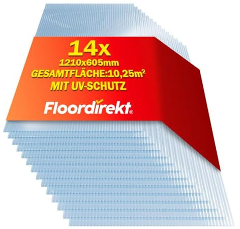 Floordirekt 10,25 m² Hohlkammerplatte - 14x Stegplatten 60,5 x 121 cm - Doppelstegplatten aus Polycarbonat - Hohlkammerplatten für Gewächshaus & Modellbau (Transparent, 10 mm)