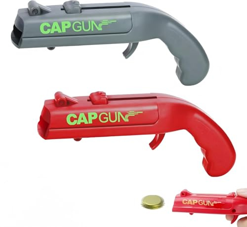 JXAurix Bottle Opener Cap Gun, 2 Pcs Novelty Bottle Opener Bottle Top Gun Beer Opener Pistol Type Ejection Bottle Cap Launcher for Home, Bar or Party Use (Grey, Red)