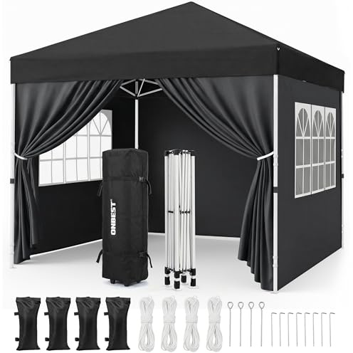 ONBEST Faltpavillon 3x3 m Pop Up schwarz mit Seitenwänden | Metall-Partyzelt mit Sandsäcken, patentierte Expressaufbau-Funktion, wasserabweisend, für Garten und Terrasse
