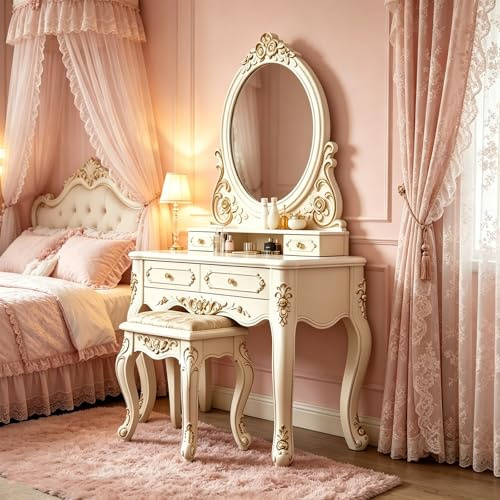 ASYJVWYZ Toilette Vintage Con Intaglio, Set Da Trucco, Con Cassetti For Sgabello, Specchio Rimovibile, For Camera Da Letto, Bagno, Donne, Ragazze(80x47x147cm)