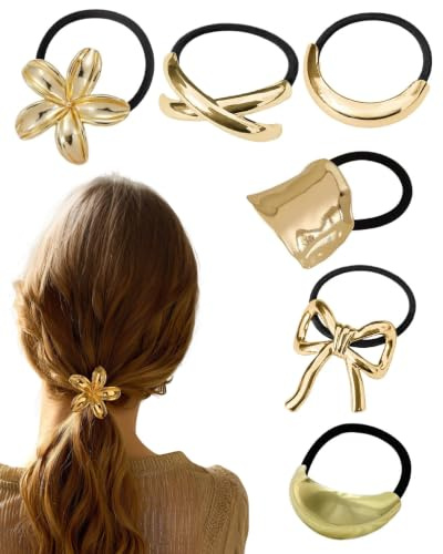 RAVNIX 6 Coleteros de Pelo Dorados de Metal, Accesorios para el Cabello Mujer, Gomas Pelo con Diseño Elegante, Antideslizantes y Suaves Coletas, Apto Todo Tipo de Cabello, Sujeción Segura sin Tirones