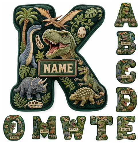 SosnSusn Cojín Letra Dinosaurio 3D Personalizado con Nombre, Almohada Peluche Inicial A-Z Motivo Selva Decoración Habitación, Regalo Recuerdo Cumpleaños para Amantes de Dinosaurios